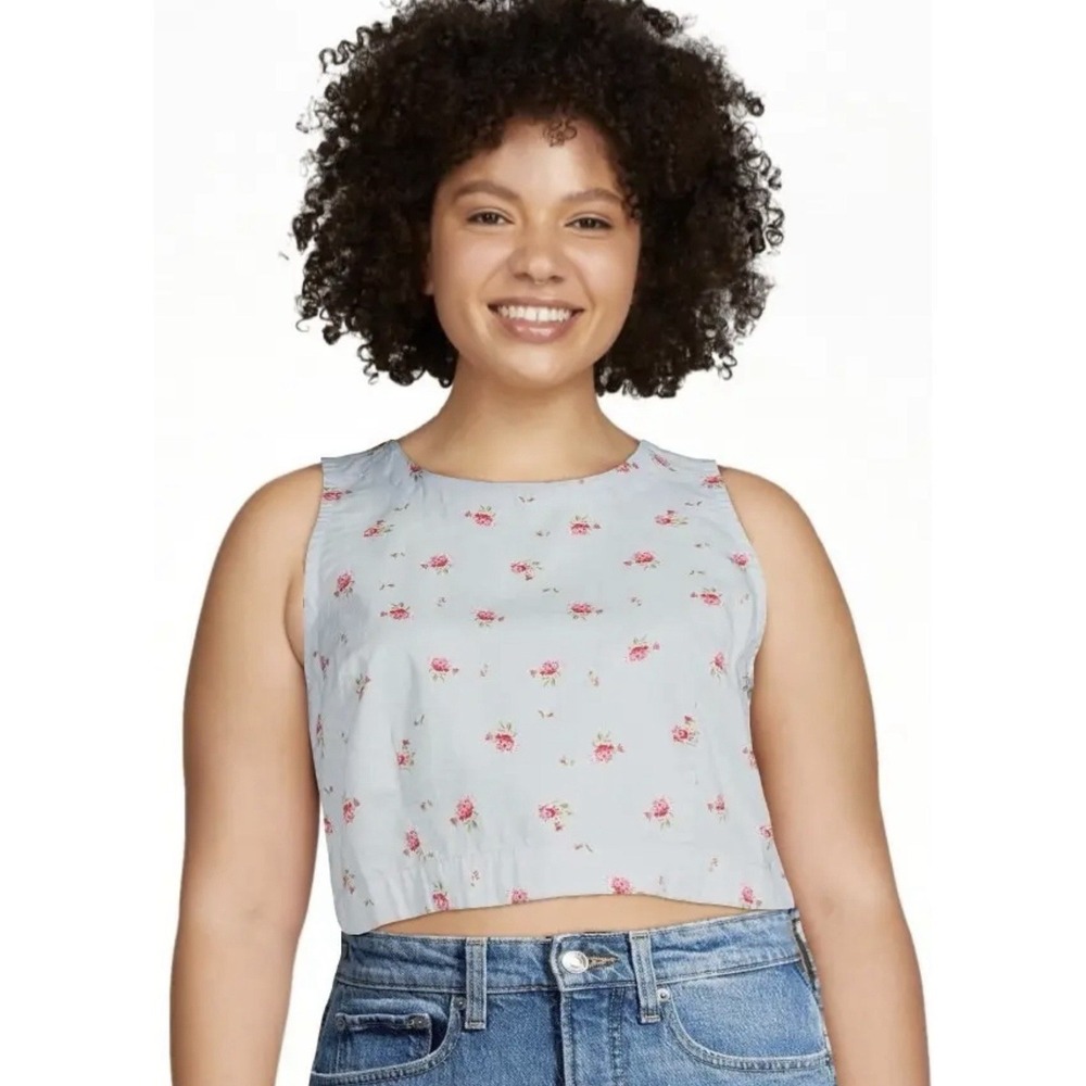 Sleeveless Cropped Blouse Light Blue Pink Floral Cottage Fairycore Tank Top 2XL